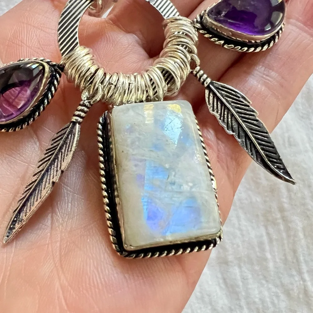 925 WOW WOW!! Amazing! Rainbow Flash Moonstone + Amethyst Feather Necklace - Picture 6 of 10